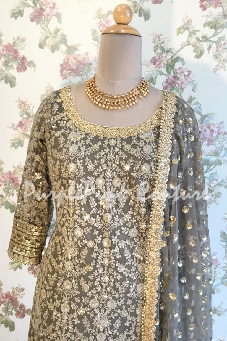Grey Thin Thread Sequins Embroidered Suit
