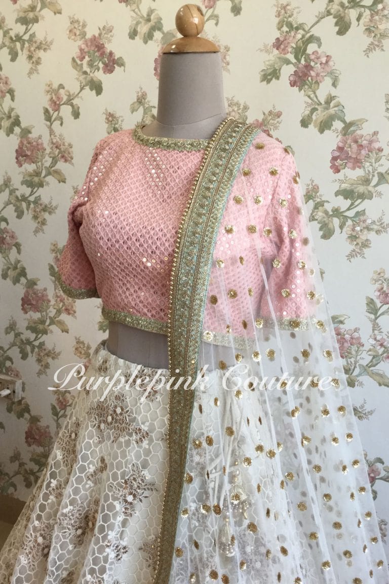 Honeycomb Embroidery Ivory Lehenga Blush Pink Sequins Georgette Choli Dual Shade Dupatta