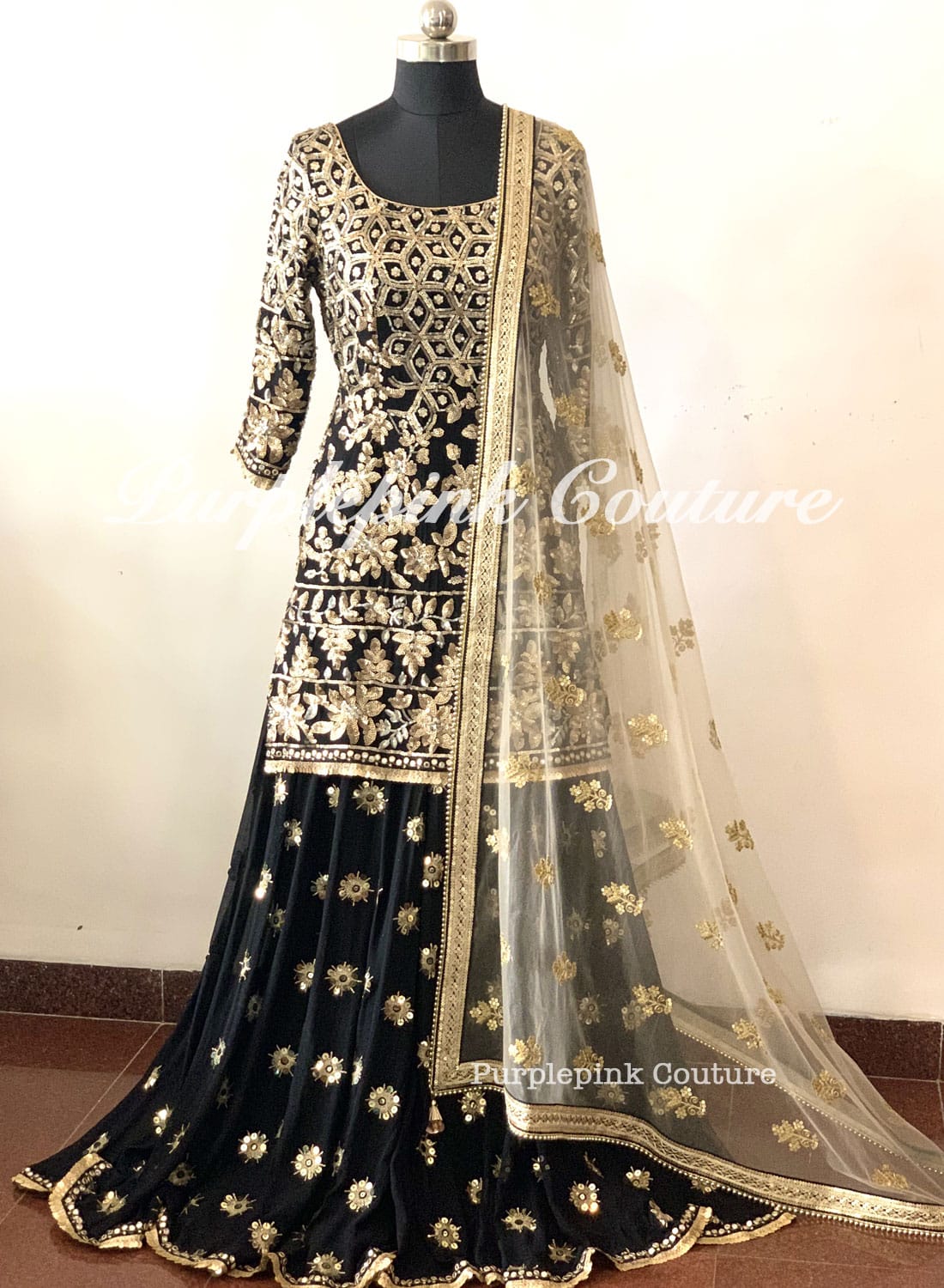 Rafat Black Georgette Heavy Sequin Zari Embroidered Suit Sharara Set