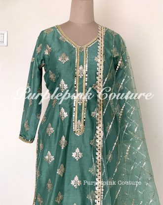 Celina Dark Sage Green Silk Base Gota Suit Patiyala Salwar